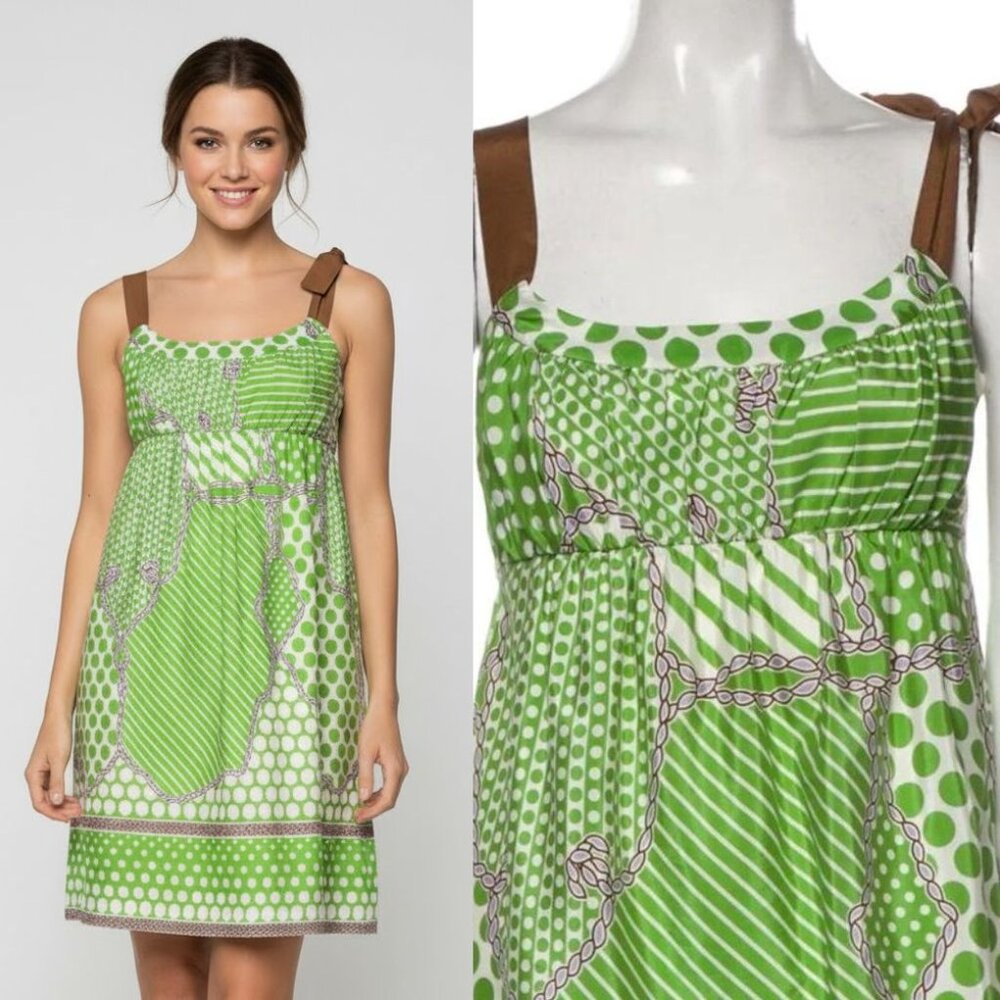 Tibi Designer Silk Mini Dress Polka Dot Striped Green Bow Cottagecore Summer 6
